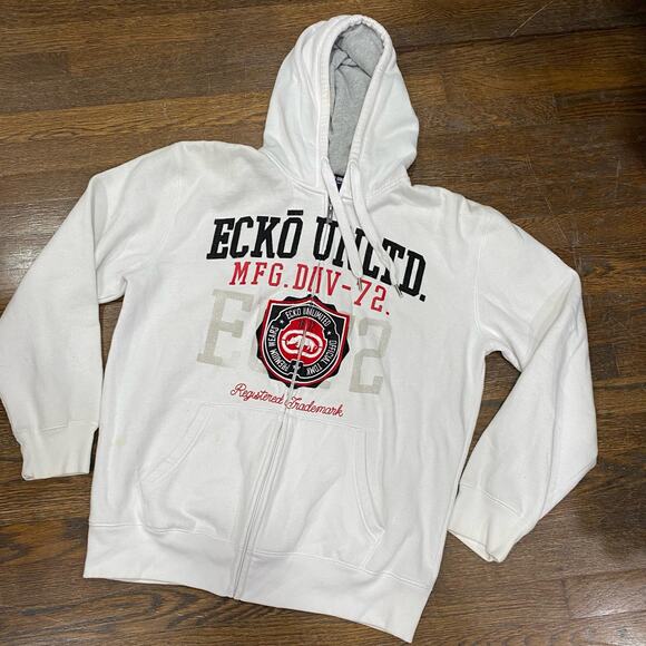 Marc Ecko White Hoodie Size Extra Large Full Zip Front Logo Graphic Outerwear - Picture 1 of 9